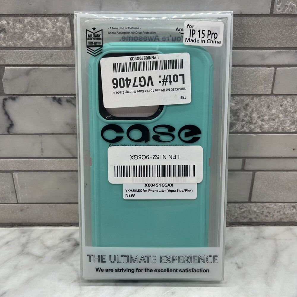 iPhone 15 Pro Aqua Blue (Teal) and Pink Protective Case, w/2pk tempered glass